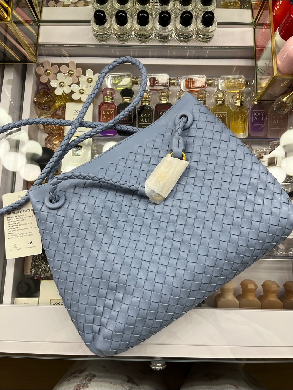 New Woven Shoulder Bag - Light Blue Medium Size.